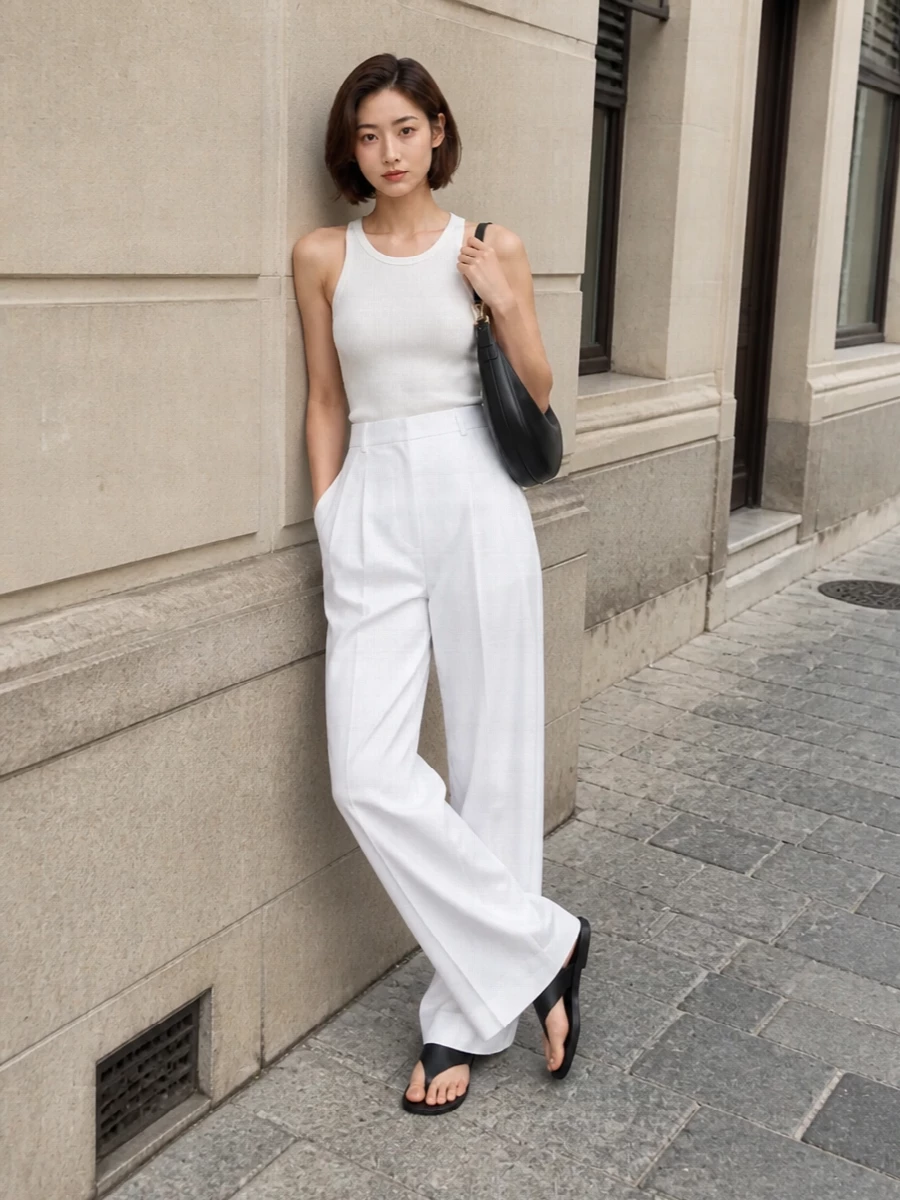 The white ribbed tank is paired with high-waisted, wide-leg white trousers to create a long, minimalist column that feels fresh and modern for warm-weather city dressing. Black flat thong sandals and a sculpted black crescent bag punctuate the all-white base, adding subtle graphic contrast while keeping the mood quietly luxurious and effortless. The result is a streamlined SS look that moves easily from daytime appointments to understated evening drinks with just a change of jewelry if desired.