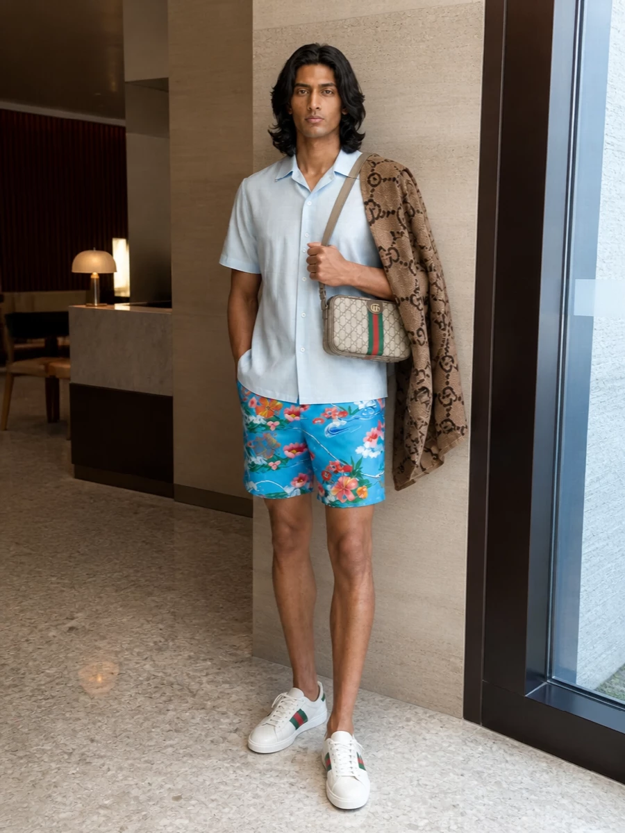 Gucci floral shorts blue shirt sneakers