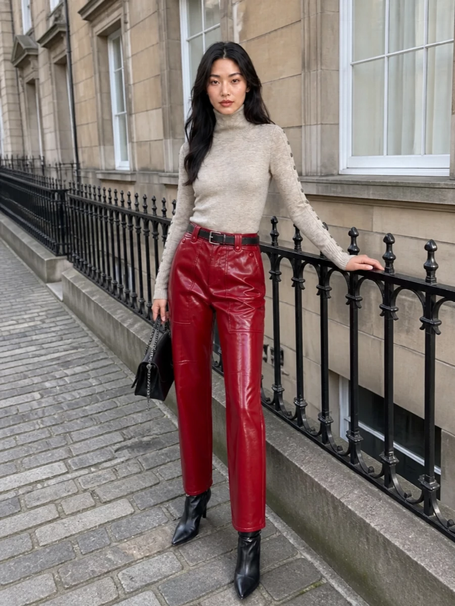 Isabel marant red leather trousers turtleneck outfit