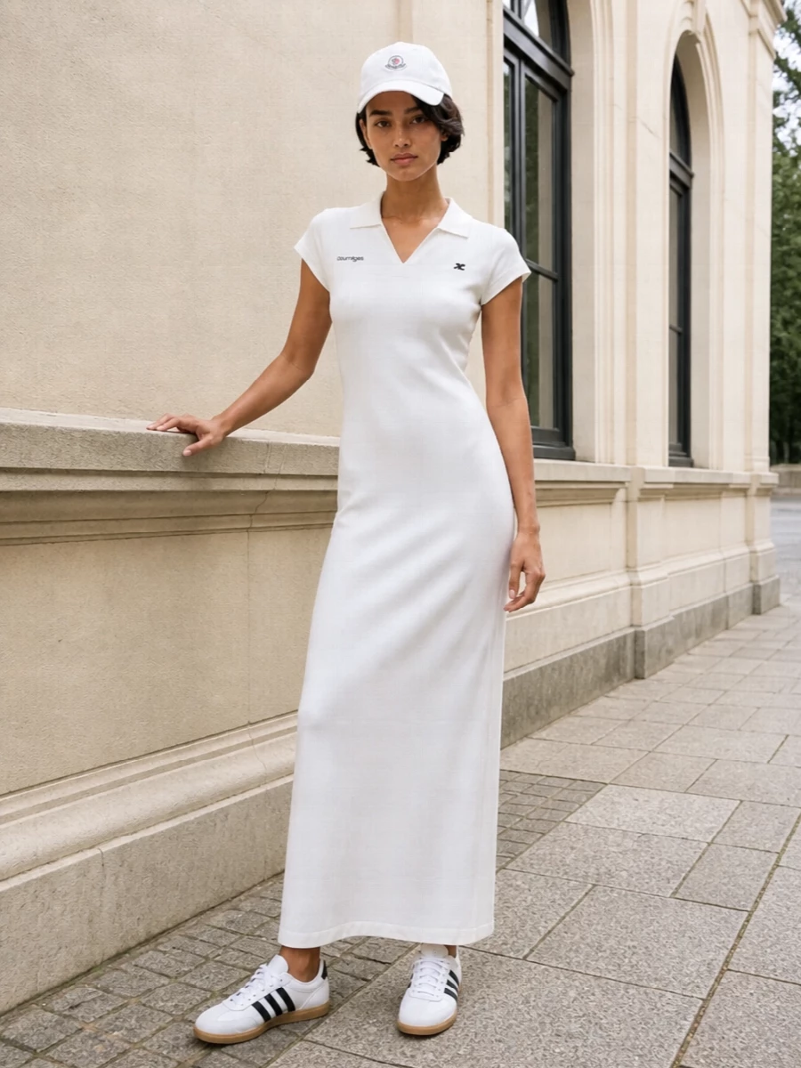 This is a clean, tennis-club-meets-city vibe built around the Courrèges polo maxi, the Moncler cap and crisp monochrome Adidas trainers. Opting for the dress path keeps the silhouette long and easy, so the logos and sporty details can stay graphic rather than busy. The result is a streamlined, warm-weather streetwear outfit that moves easily from coffee runs to late-afternoon walks without needing a change of base pieces.