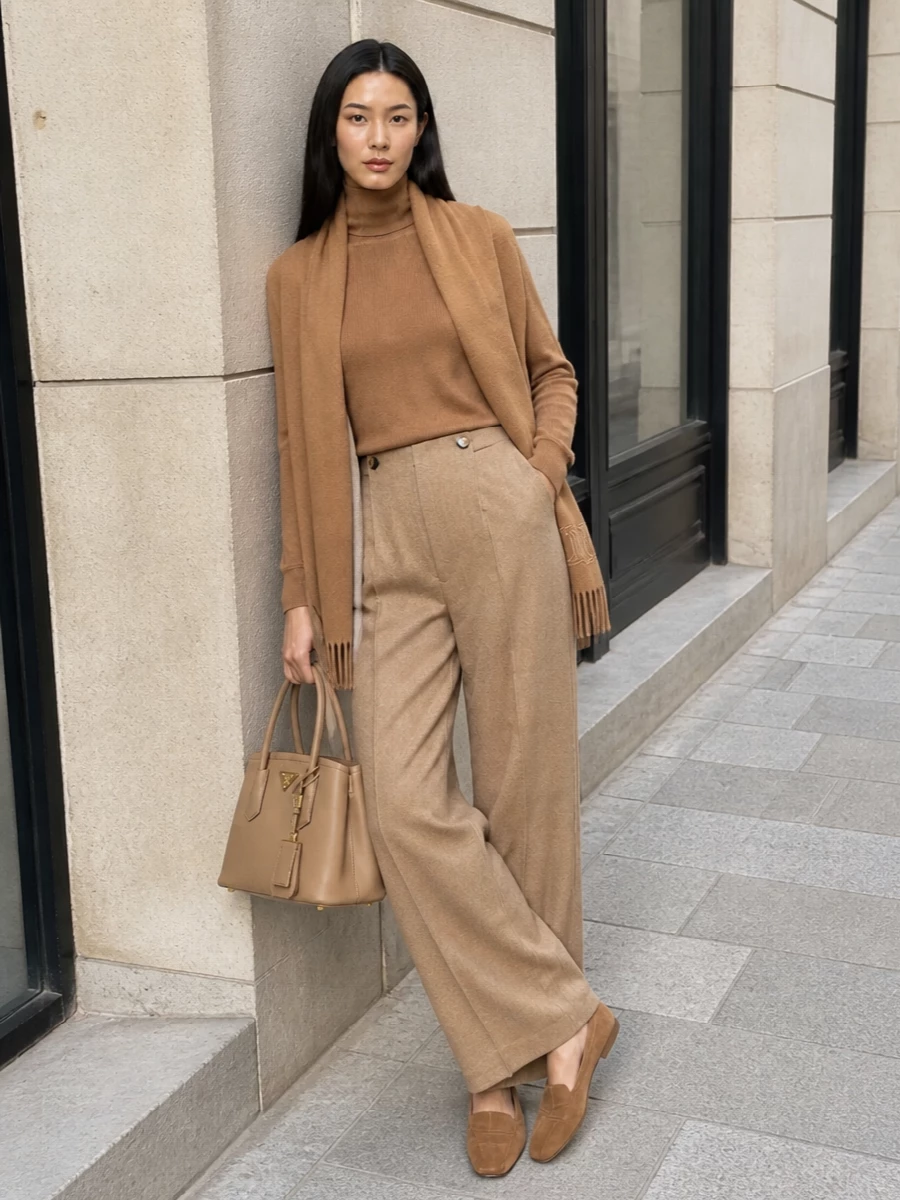 Camel wide leg trousers turtleneck outfit