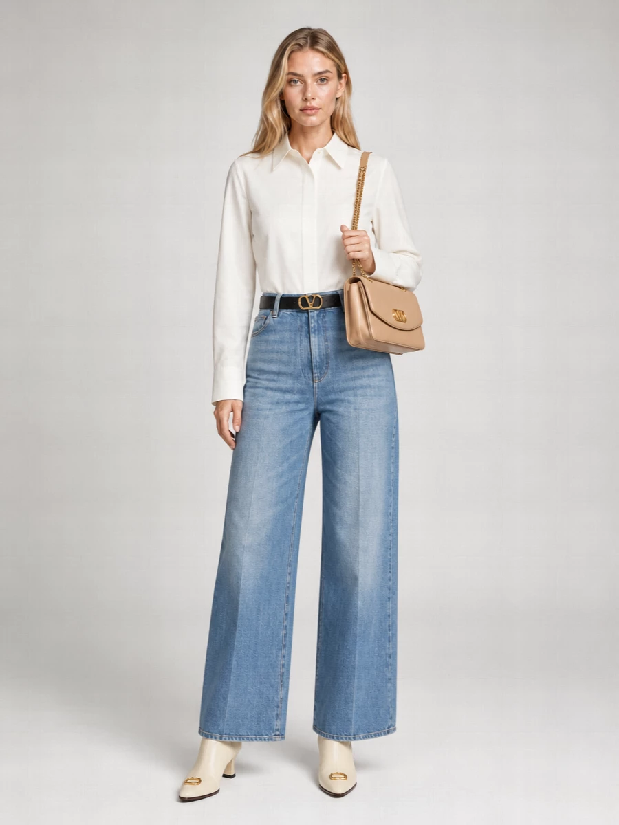 Soft indigo wide-leg denim is grounded with an ivory shirt and a slim black belt for a clean, modern take on relaxed tailoring. Cream ankle boots and a nude-beige flap bag keep the palette light and refined, letting the elongated proportions feel intentional rather than casual. It is an easy city uniform that moves gracefully from coffee catch-ups to low-key dinners.