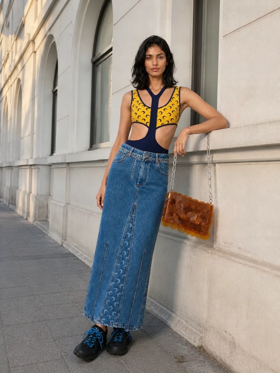 Marine serre moon swimsuit denim maxi skirt