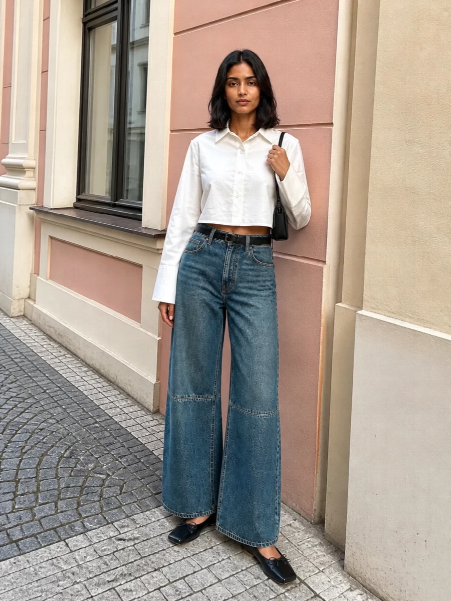 A cropped ivory shirt meets high-rise wide-leg denim for a clean, elongated line that feels relaxed but precise. Black square-toe flats and a slim shoulder bag sharpen the mood without tipping it into formality. The narrow belt is the quiet detail that pulls the proportions into focus at the waist.