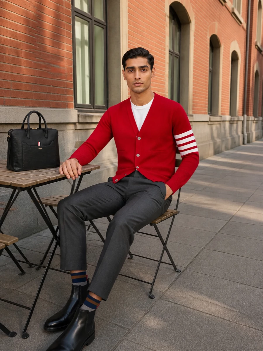 Thom browne red cardigan charcoal trousers outfit