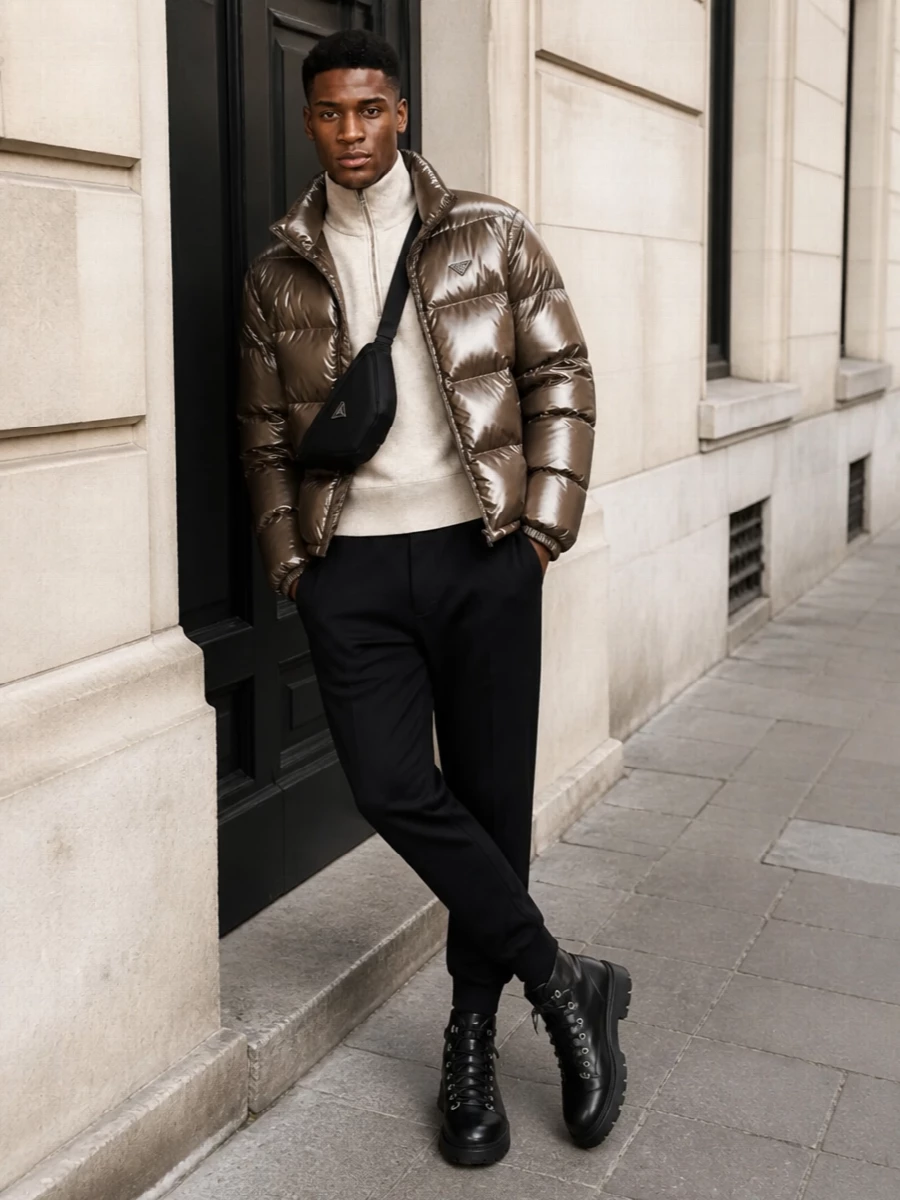 Prada taupe puffer jacket winter outfit