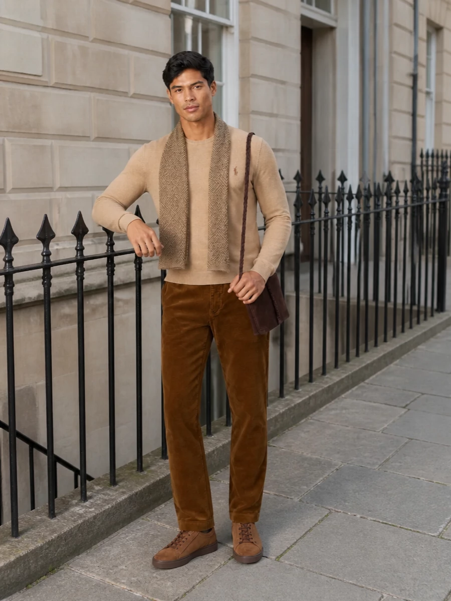 Polo camel sweater brown cord trousers outfit