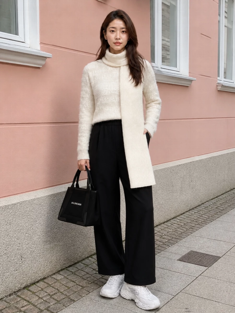 An ivory logo knit meets fluid black wide-leg trousers for a monochrome take on Balenciaga streetwear that still feels discreet and grown up. Chunky off-white runners keep it city practical, while a structured black top-handle bag and ivory scarf sharpen the contrast and underline the quiet-luxury attitude. This is the kind of set you can wear from coffee to late dinner without ever changing gears.