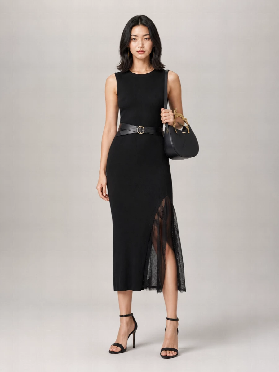 Lanvin Silk Ribbed High Neck Short Sleeve Asymmetric Midi Dress