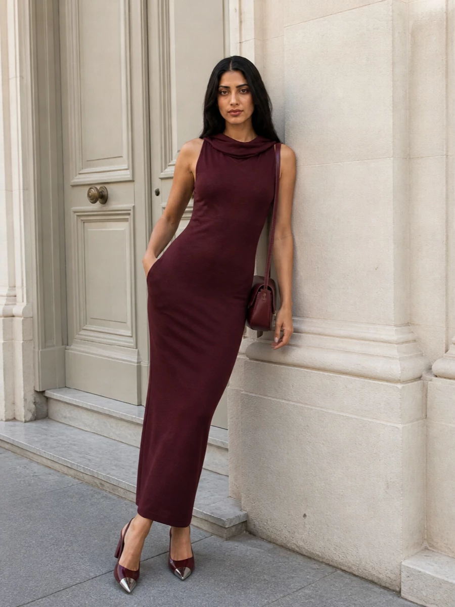 Saint laurent burgundy maxi dress slingback outfit