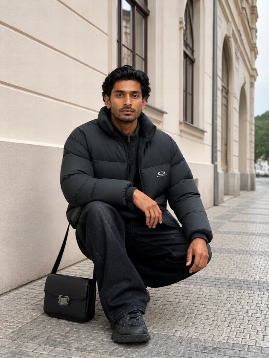 Balenciaga charcoal puffer wide leg jeans outfit