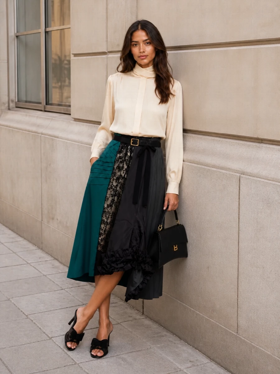 Prada asymmetric skirt high neck blouse outfit