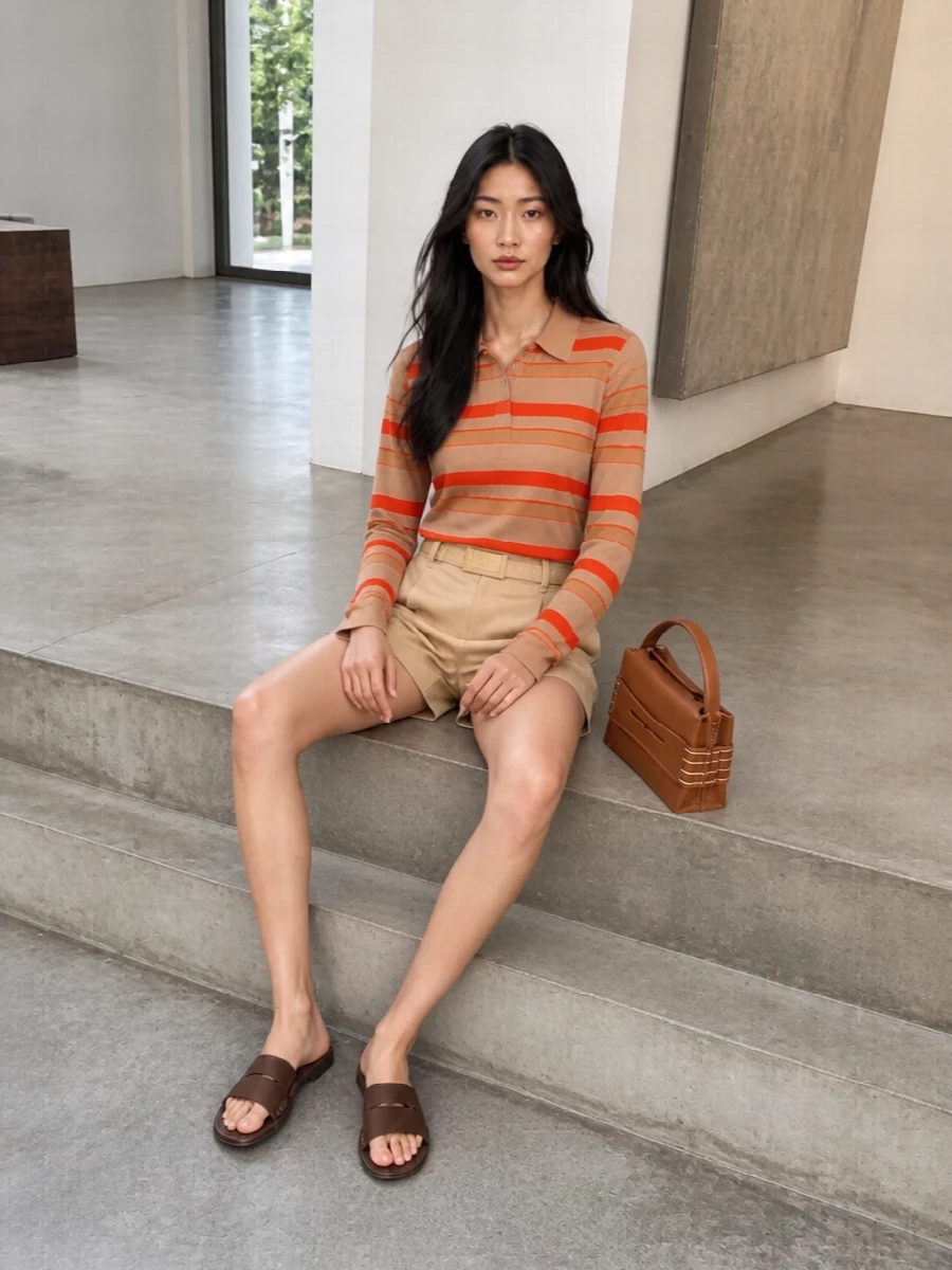 Camel tones stay front and center here, with the striped polo tucked into tailored camel shorts for a clean, sun-warmed take on preppy. Chocolate slides and a structured caramel bag ground the palette, keeping everything relaxed but unmistakably polished. It is an easy city-day uniform that still feels considered for terrace lunches or gallery afternoons.