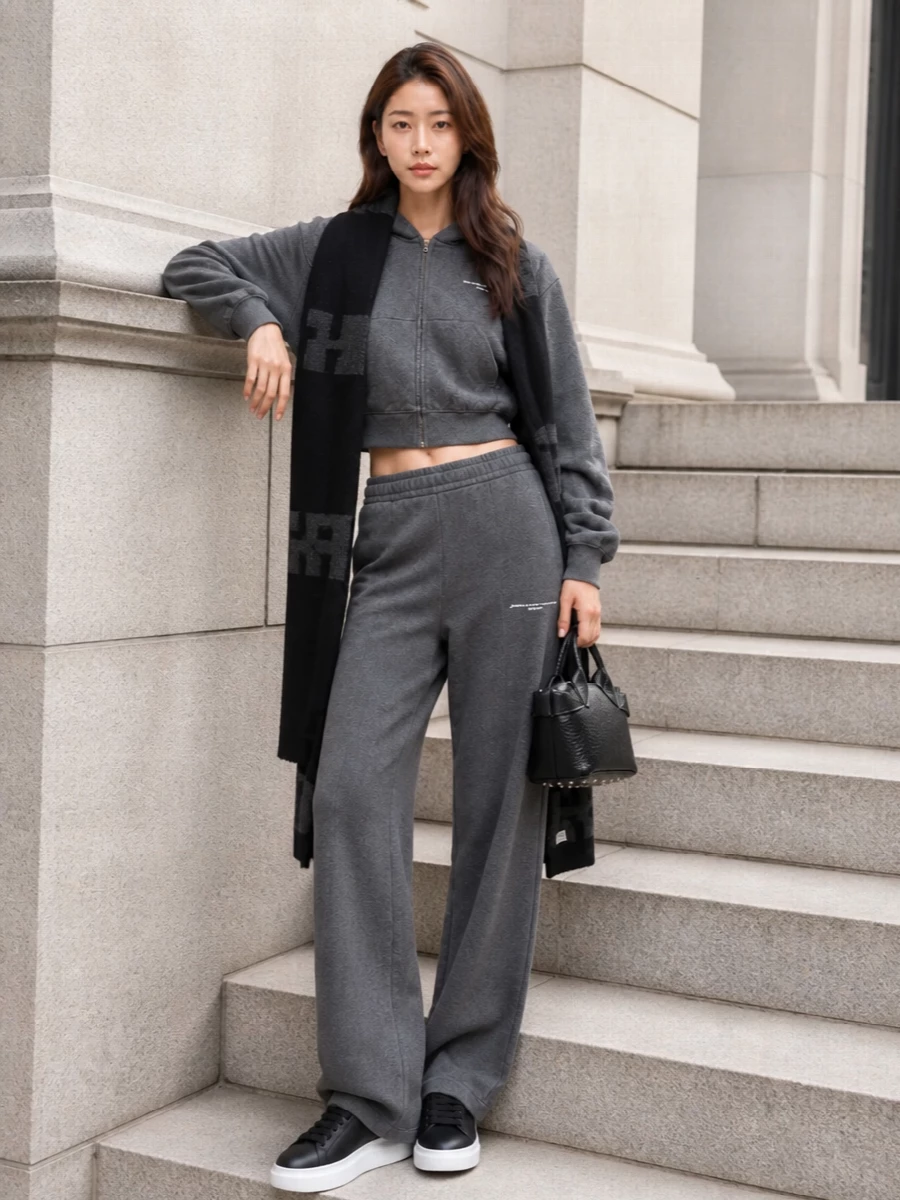 A pure off-duty city uniform in layered greys and black, anchored by Wang’s relaxed wide-leg knit and a sharply cropped hoodie. Chunky monochrome sneakers and a structured mini tote keep it street-driven yet precise, with a tonal graphic scarf ready to throw on when the temperature drops. The result is slouchy in all the right places, but every line still feels considered.