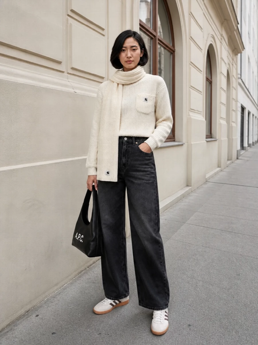 Carhartt sweater wide leg jeans adidas sneakers