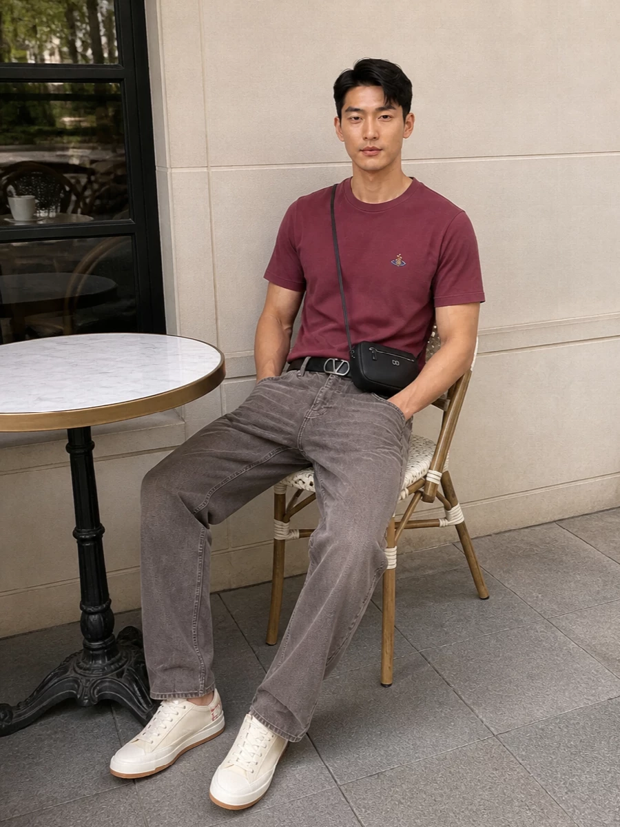 Vivienne westwood burgundy tee grey denim sneakers