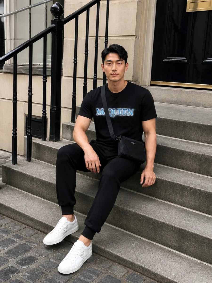 Alexander mcqueen logo tee prada jogger outfit