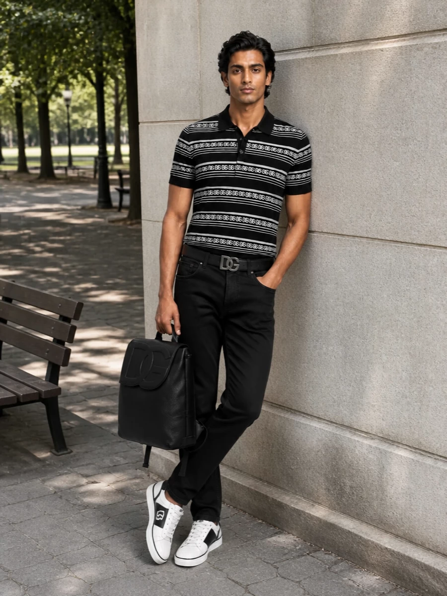 A sharp monochrome story that pairs the graphic knit polo with clean black five-pocket trousers for a smart yet relaxed city uniform. High-contrast DG court sneakers keep the energy sporty, while the structured leather backpack and subtle logo belt underline the Italian street-preppy attitude without feeling overdone. It is a confident, pulled-together outfit for daytime plans that might run into late drinks.