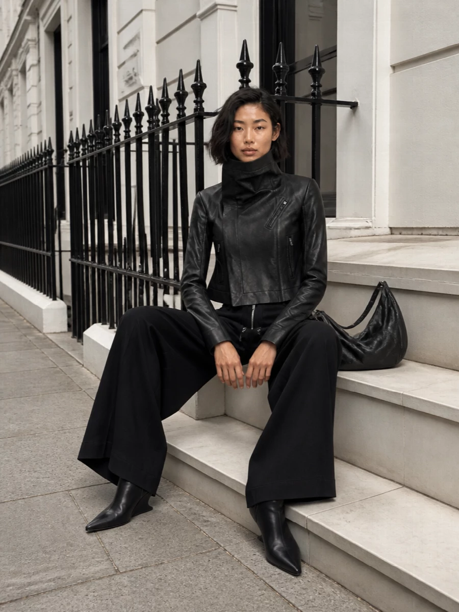 Rick owens leather jacket wide leg trousers outfit