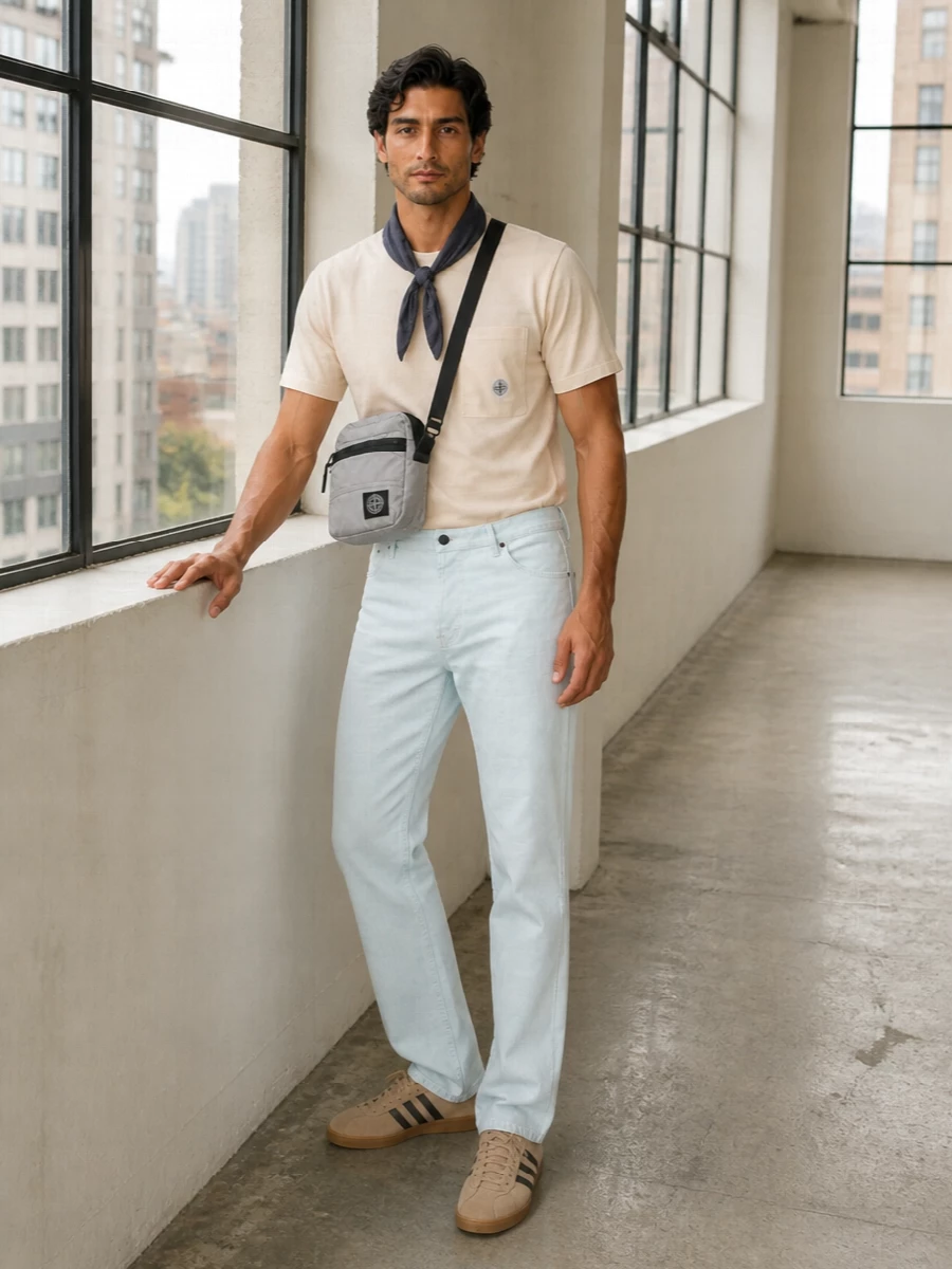 Stone island beige tee light wash jeans outfit