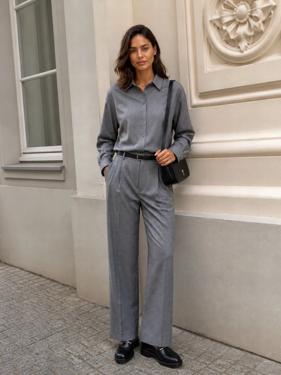 A tonal story in shades of grey and black, this outfit leans into relaxed menswear lines with precise, quiet detailing. The fluid pleated trouser and oversized shirt create an elongated, confident column, tightened just enough by a slim belt. Polished loafers and a structured shoulder bag finish it with city-ready discipline that still feels unfussy and modern.