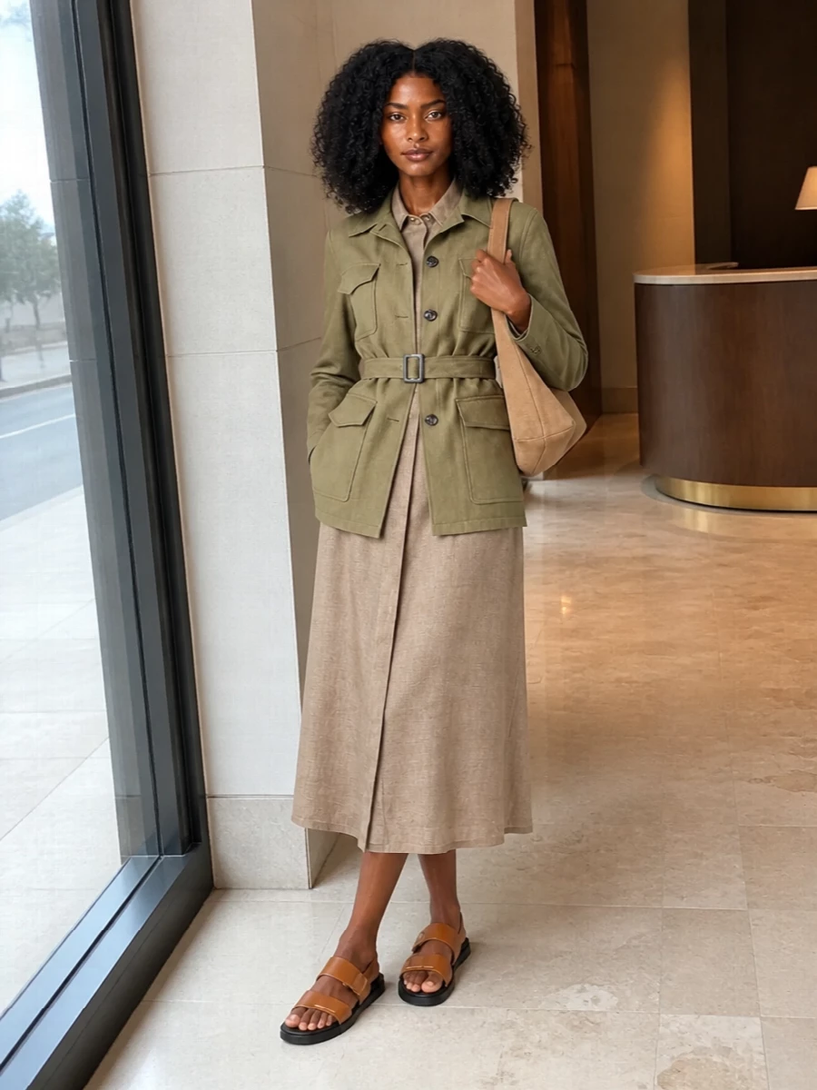 Tagliatore safari jacket linen shirt dress outfit