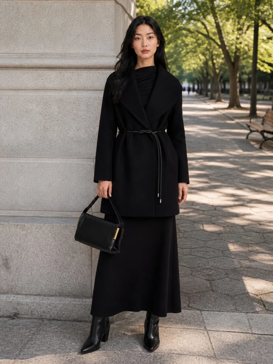 This is an evening column of black, all about line and restraint. The ruched maxi dress and sharply pointed ankle boots disappear into the Sportmax wrap coat, while the folded bag adds just enough structure without breaking the silhouette. I chose the dress route over tailoring to keep the wrap-coat’s sculptural presence uninterrupted and the mood purely minimalist rather than suiting-led.