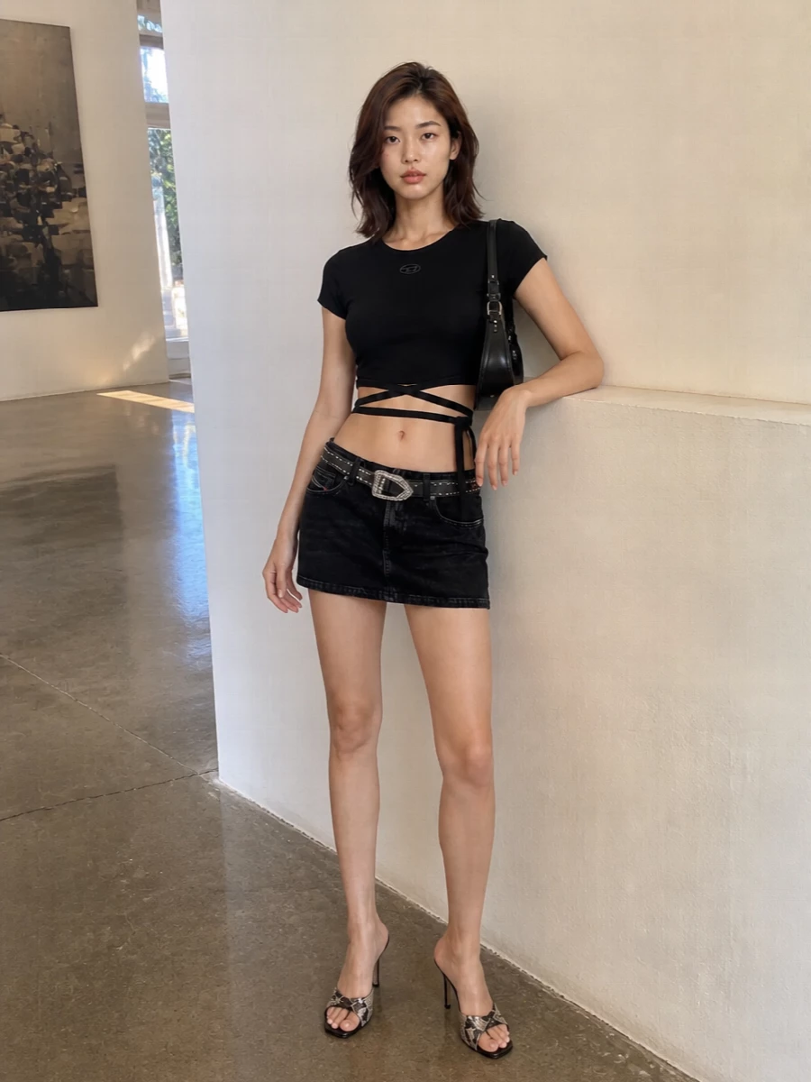 Diesel black wrap top denim mini heels