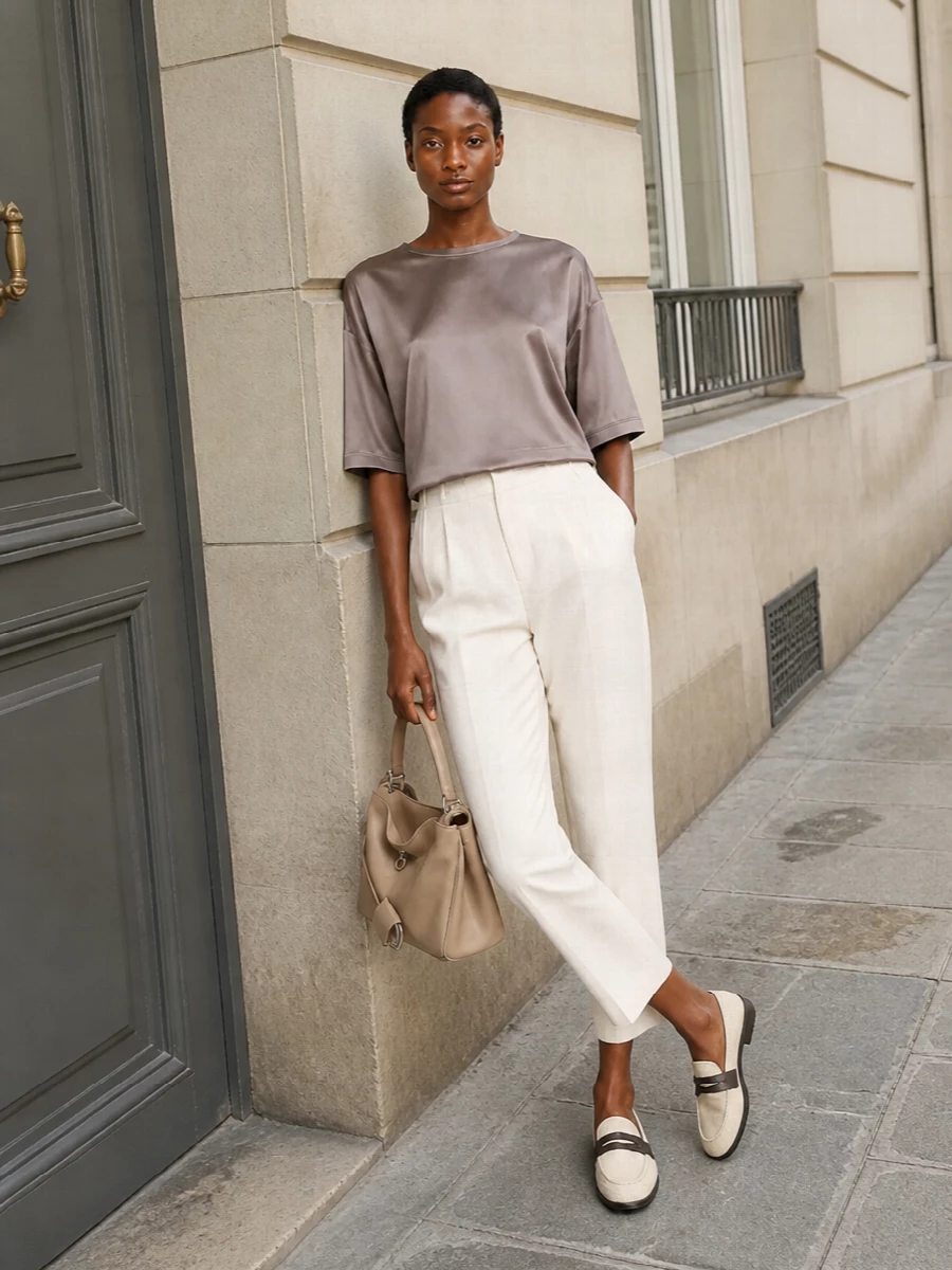 Ivory tapered trousers are paired with a fluid taupe satin boxy blouse for a quietly luxurious tonal story that feels light yet considered. Woven cream-and-brown loafers add structure and texture, while a nude-beige structured top-handle bag keeps the look impeccably polished for warm-weather city days and refined evenings alike.