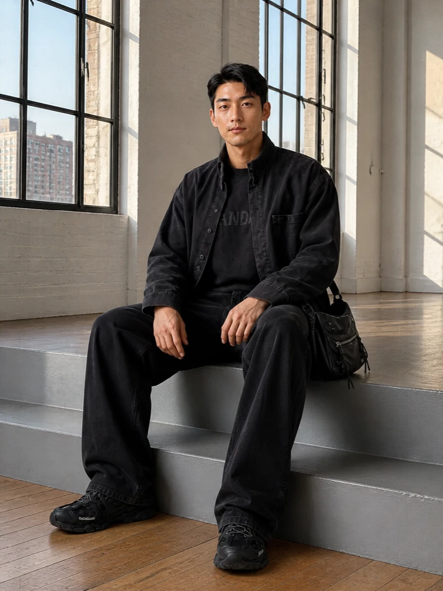 Balenciaga washed black jacket wide leg jeans