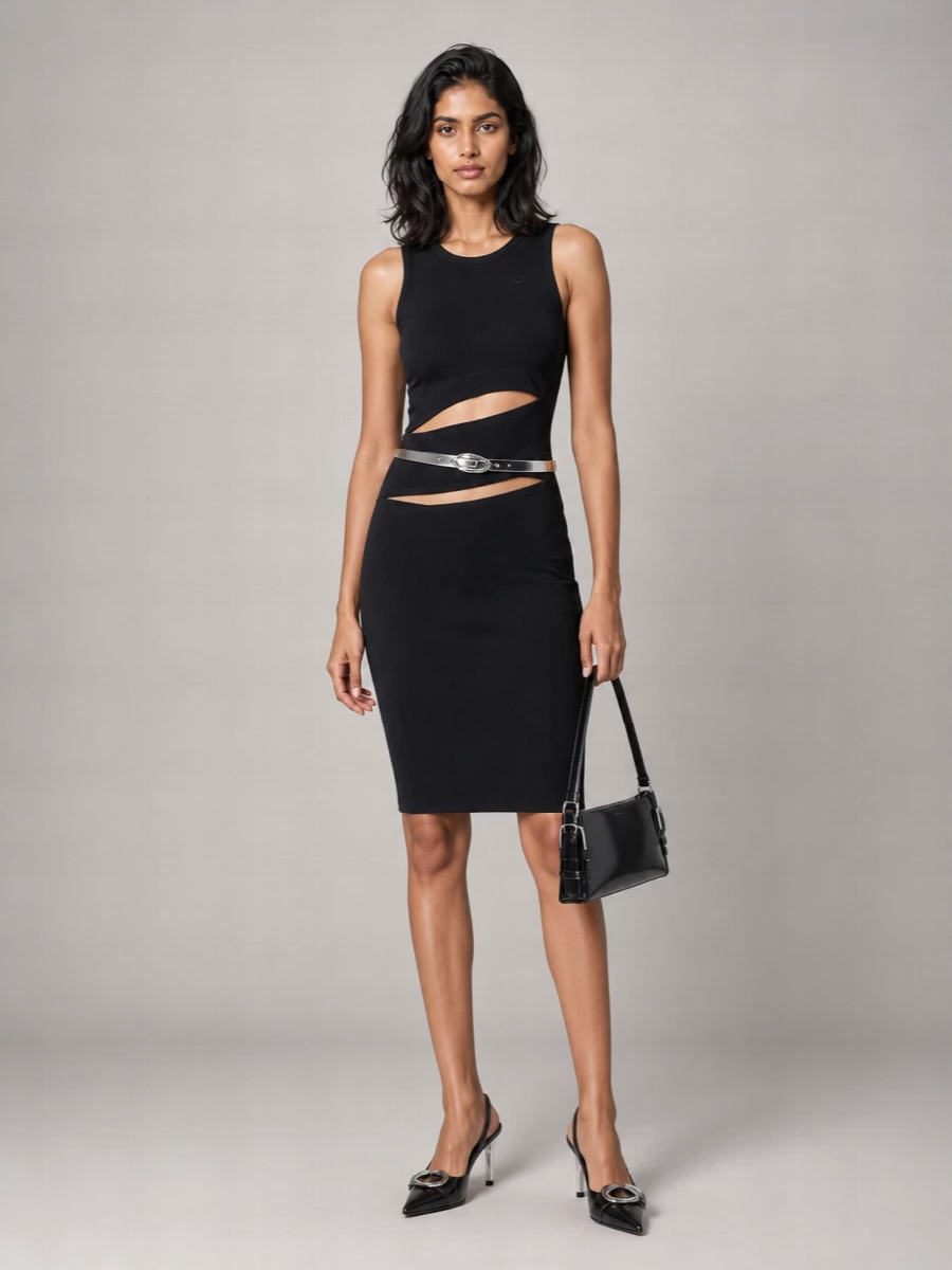 Coperni Organic Cotton Ribbed Asymmetric Cutout Sleeveless Mini Dress