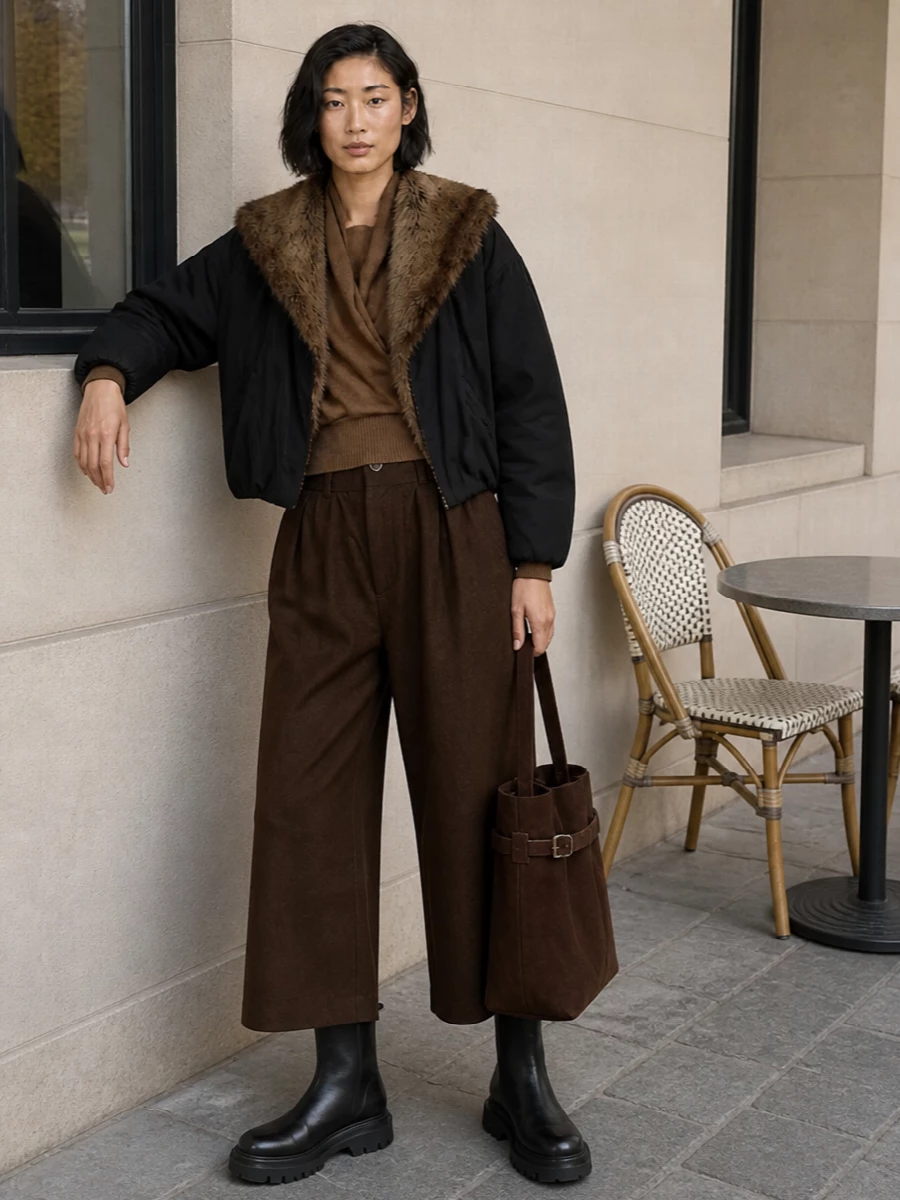 I’m building around separates rather than a dress so the cropped bomber stays the clear anchor and the proportions feel modern and useful for day. The camel wrap knit and chocolate wide-leg crop create a warm column under the jacket, with the black chunky boots and chocolate suede tote grounding everything into a quiet, downtown winter uniform. It reads streetwise and boho-leaning, but still polished enough for coffee meetings and city errands alike.