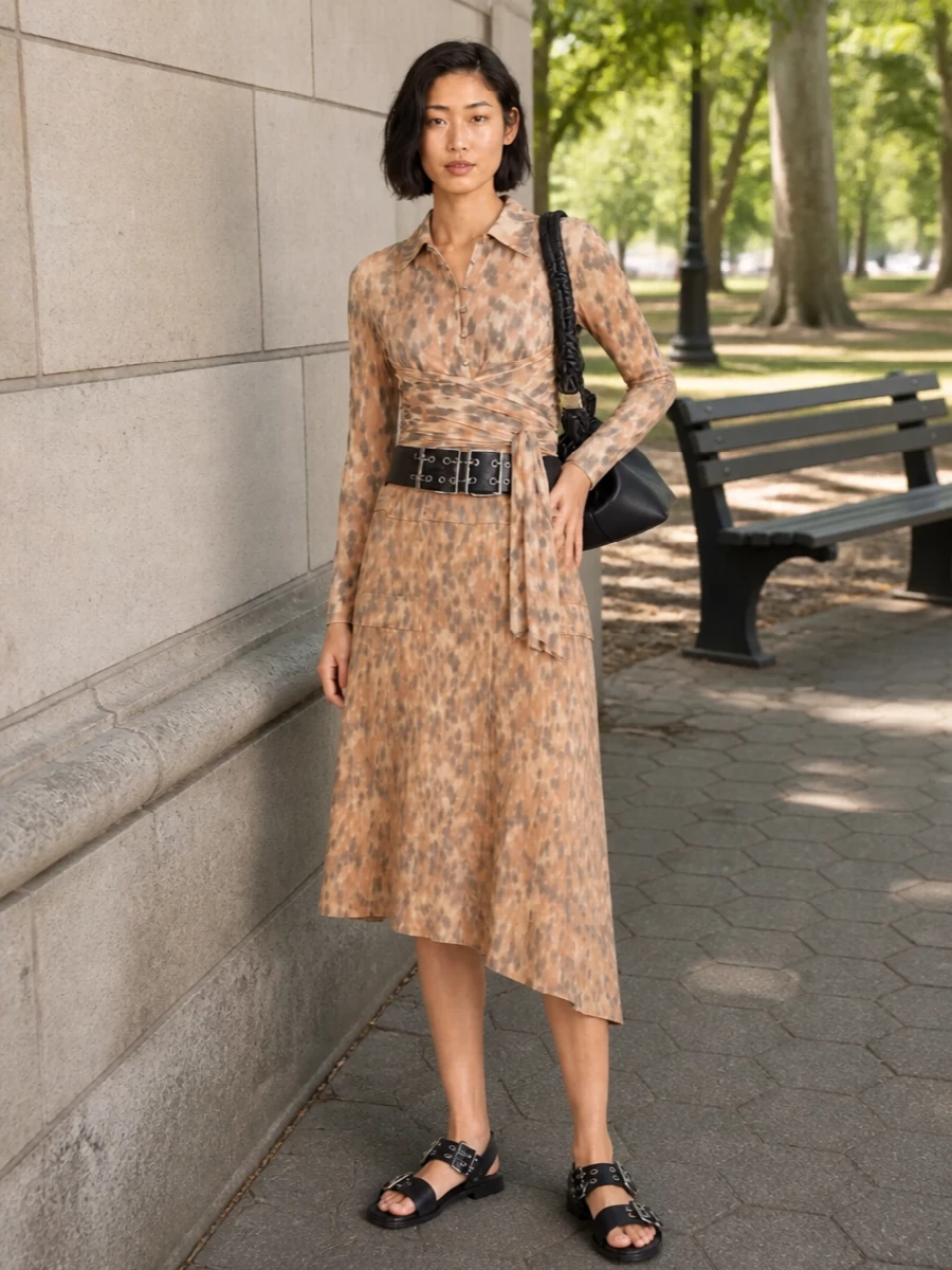 Ganni camel animal skirt wrap top sandals