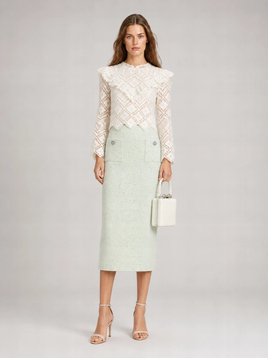Self-Portrait Bouclé Fitted Midi Pencil Skirt