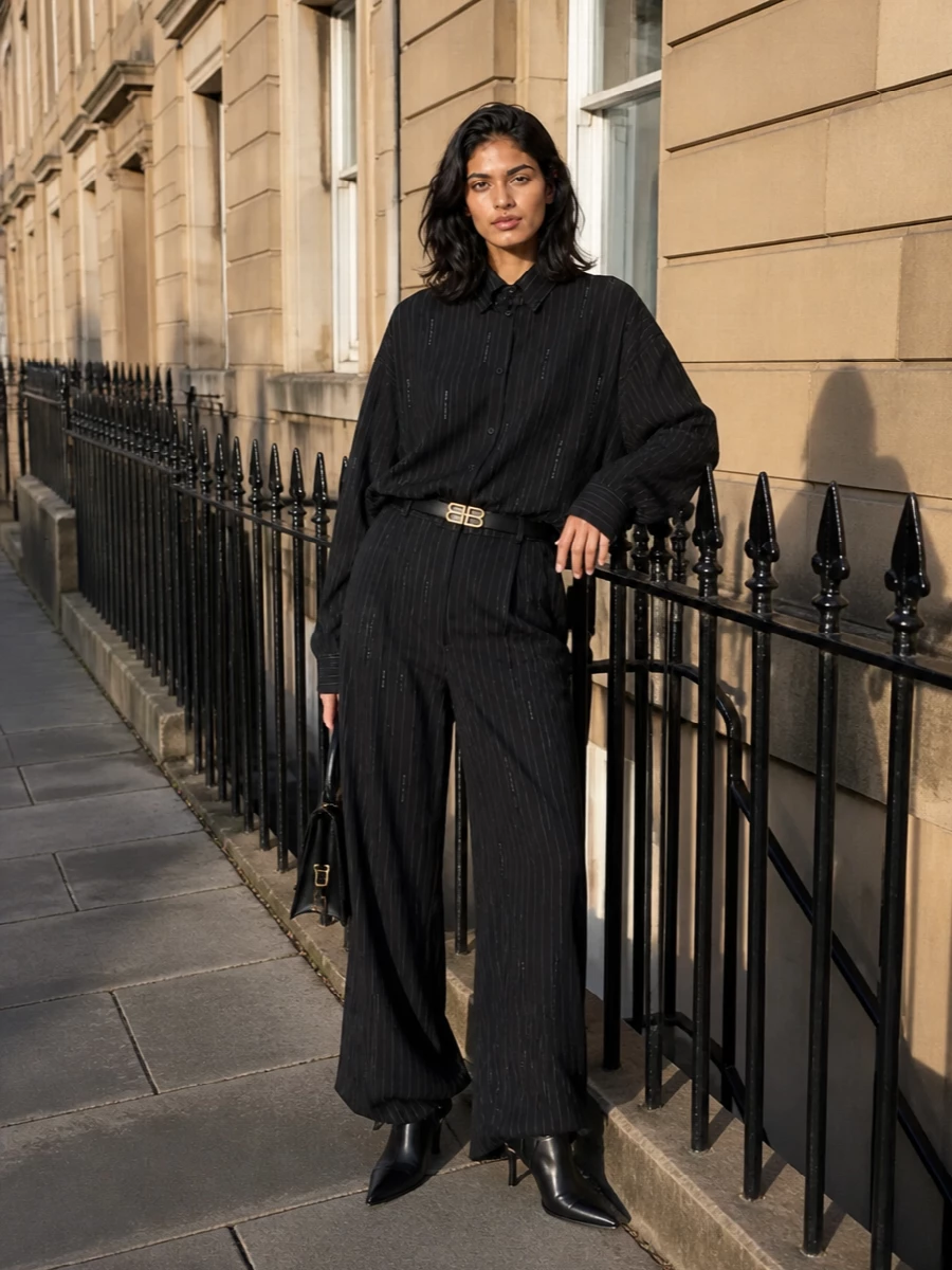 Balenciaga pinstripe shirt outfit stiletto boots