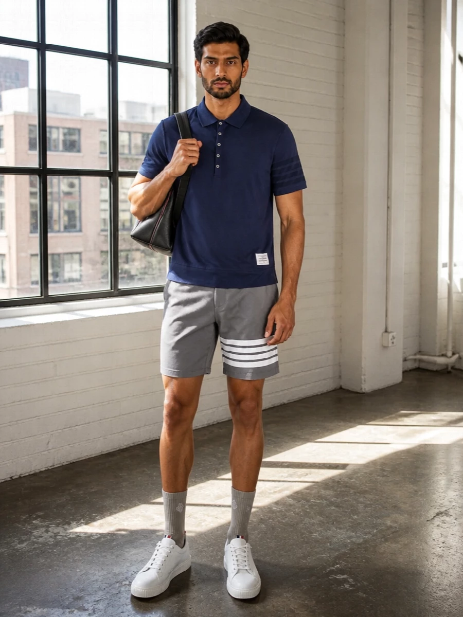Thom browne navy polo grey four bar shorts