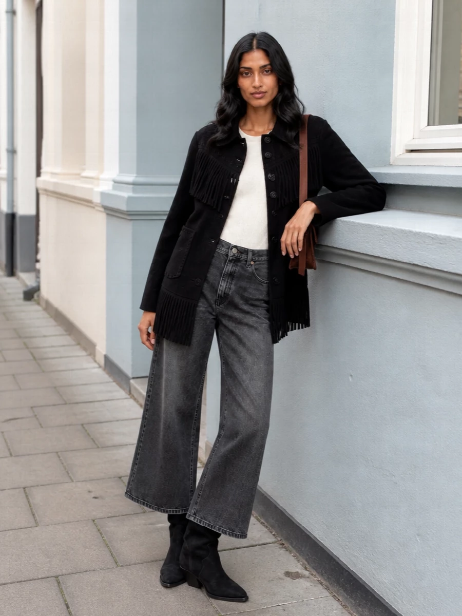Guest in residence fringe jacket wide leg jeans