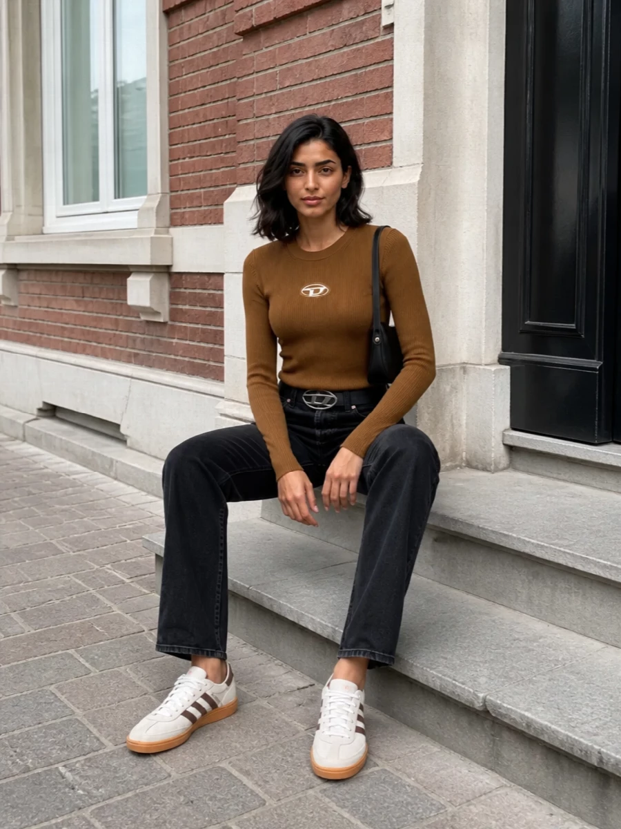Diesel camel knit black jeans adidas sneakers
