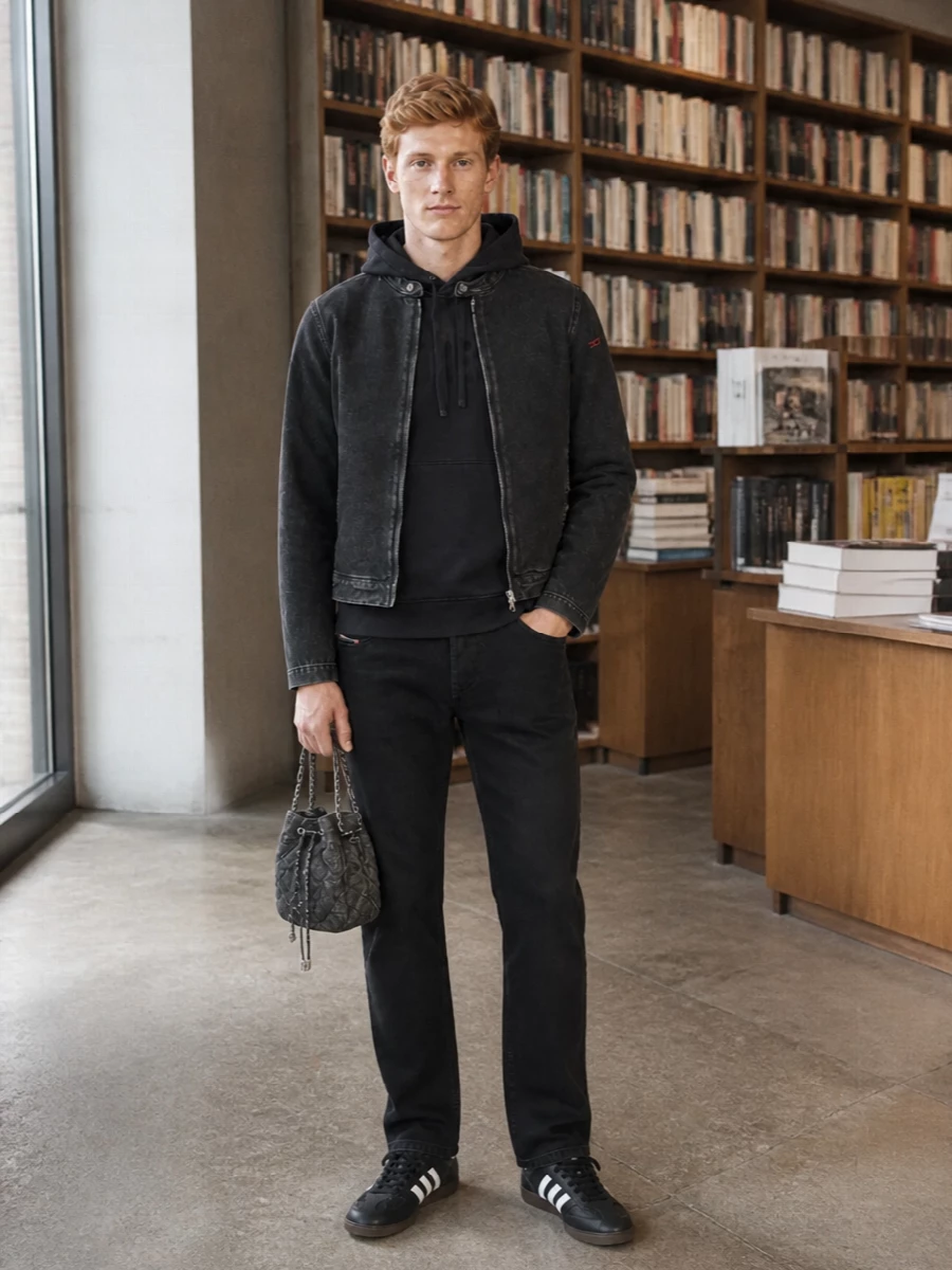 Washed blacks and charcoals stack together for a tight Diesel story, with the moto denim jacket sitting over a tonal hoodie and straight black jeans. Retro black‑and‑white Adidas sneakers break the darkness just enough, while the quilted Diesel pouch adds texture and a low-key hit of attitude. It is a gritty, city-ready take on denim and sportswear that feels considered but unfussy.