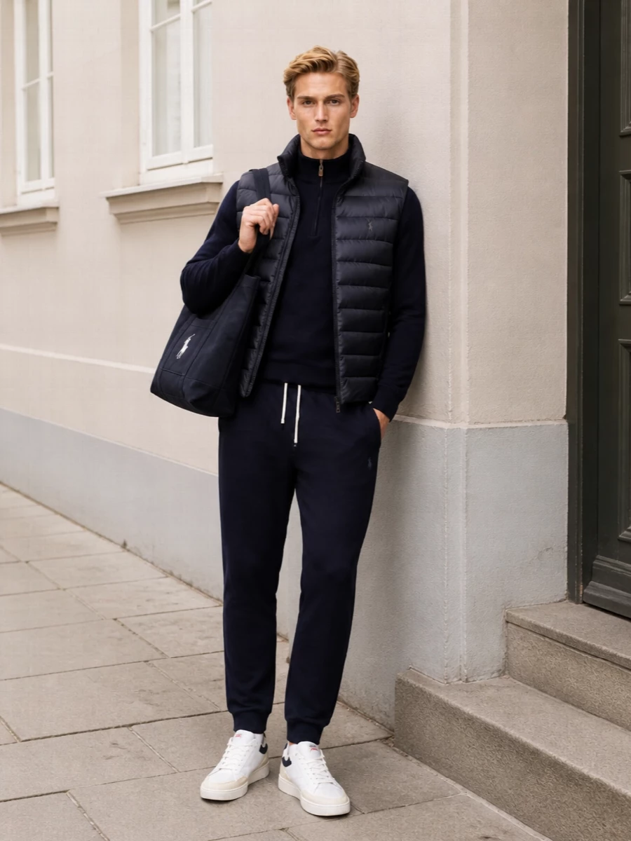 Ralph lauren navy gilet joggers sneakers outfit