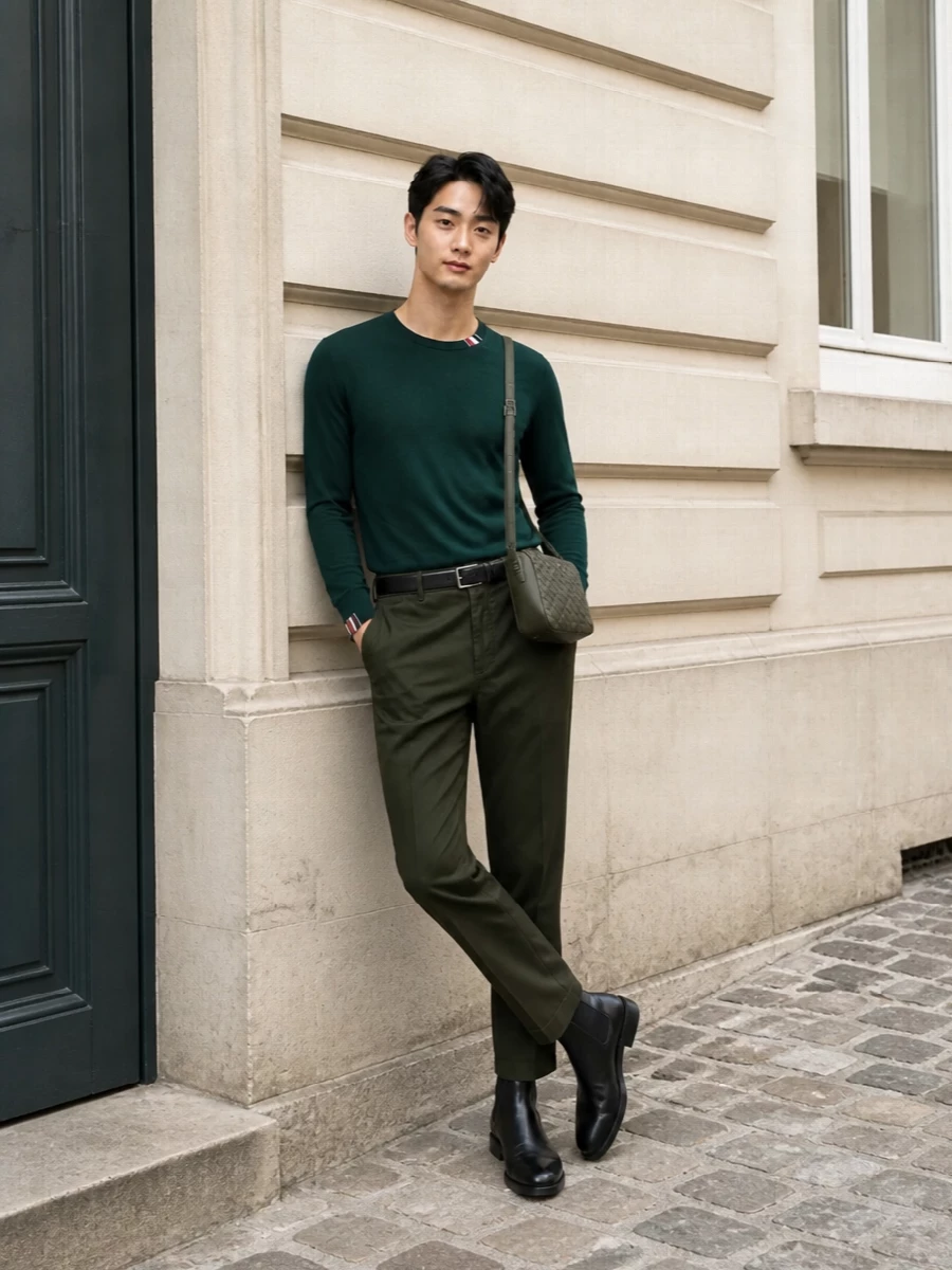 Thom browne green crew knit olive trousers outfit