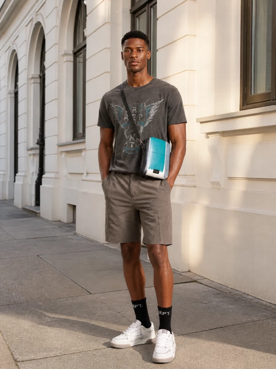 Represent graphic tee cargo shorts sneakers outfit