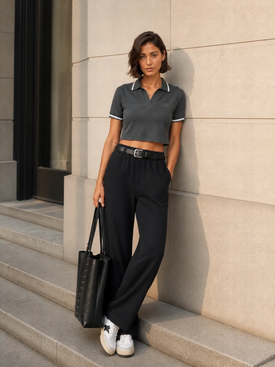 Golden goose cropped polo wide leg track pants outfit