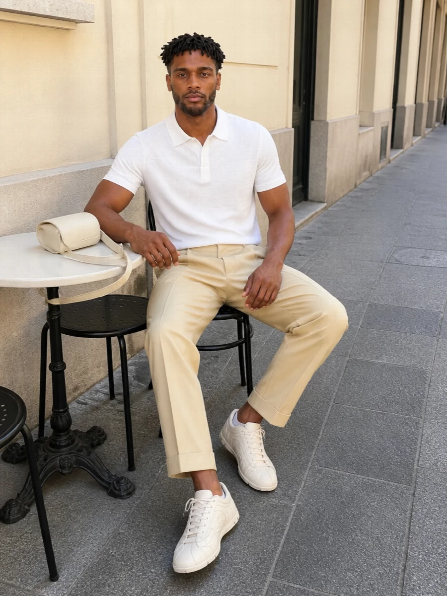 Marni white polo beige pleated trousers outfit