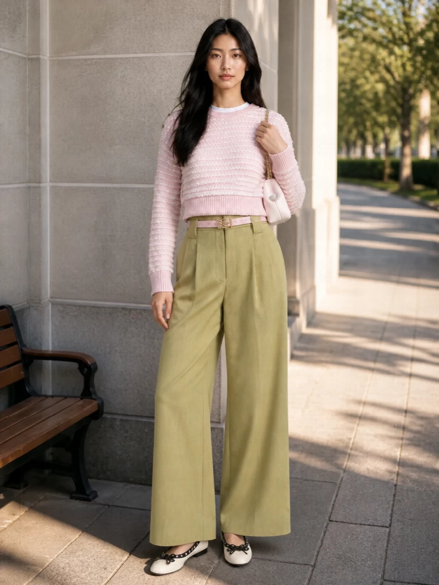 Ganni pink sweater khaki wide leg trousers outfit