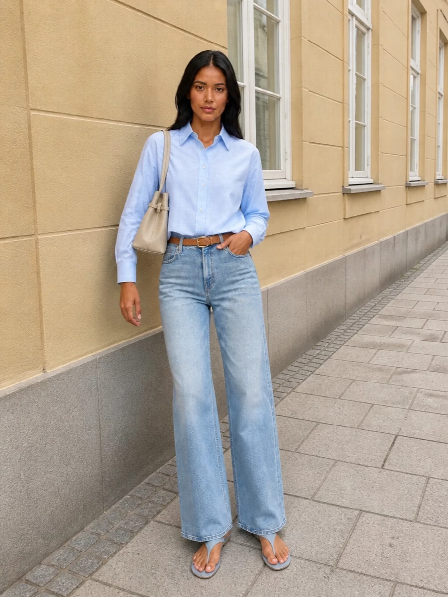 Mother wide leg jeans mm6 shirt aeyde sandals