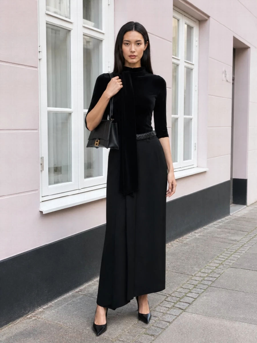 Balenciaga black wrap skirt velvet scarf top