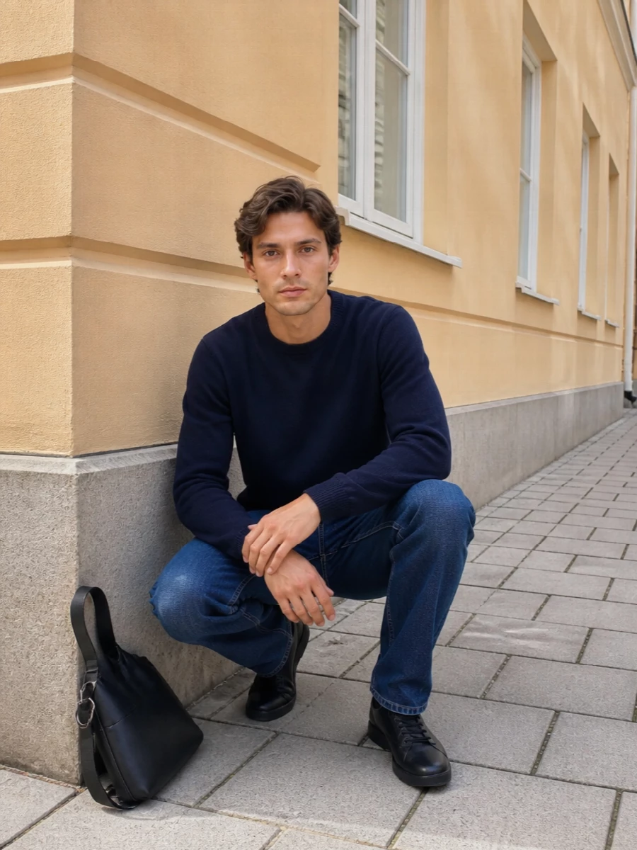 Deep navy knit over precise mid‑indigo denim creates a calm, tonal base that feels considered without reading formal. Black leather sneakers and a compact shoulder bag add quiet structure, keeping the mood polished yet easy for city days. The proportions stay relaxed and regular, so the whole outfit reads composed rather than slouchy.