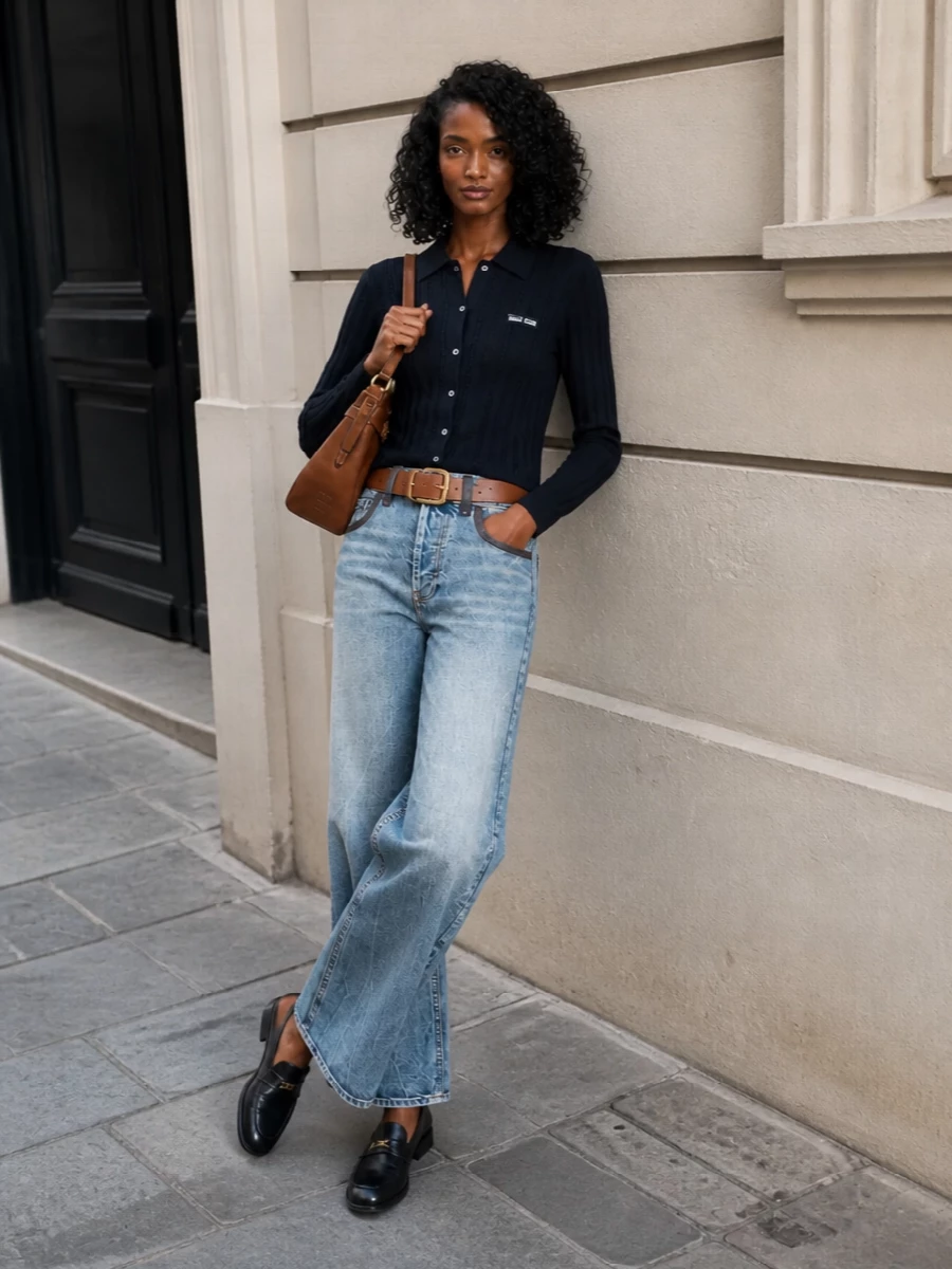 Miu miu wide leg jeans cardigan outfit