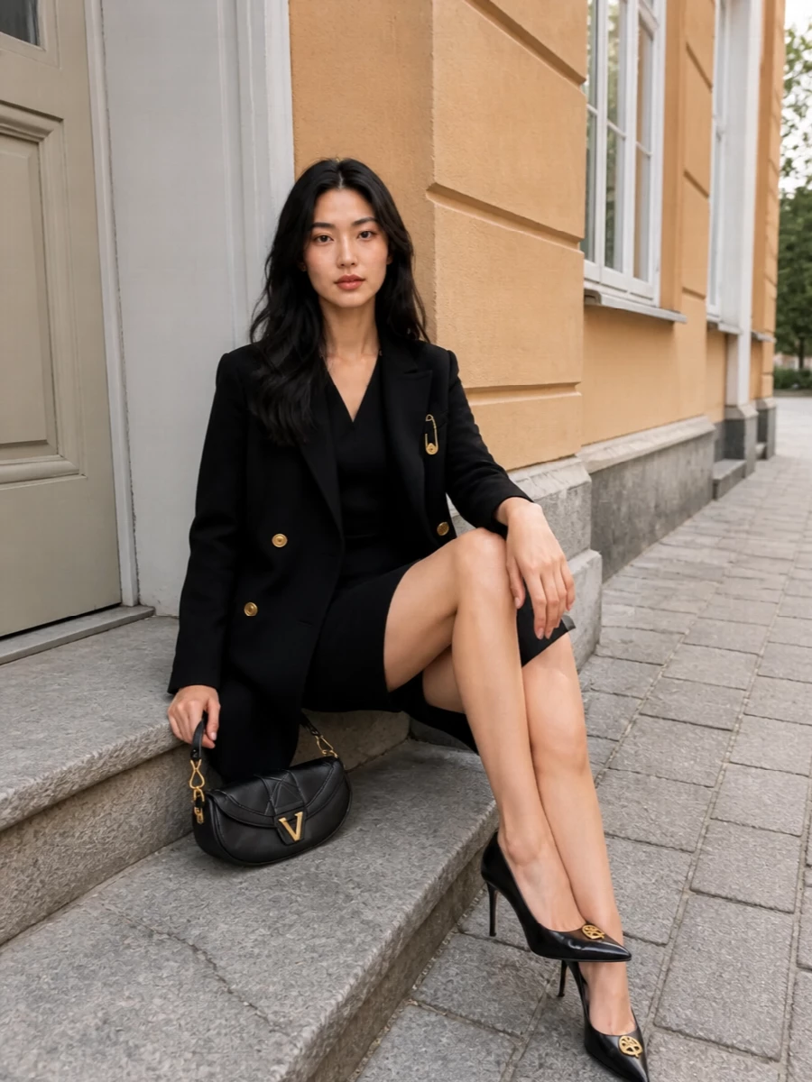 Versace black coat safety pin dress outfit